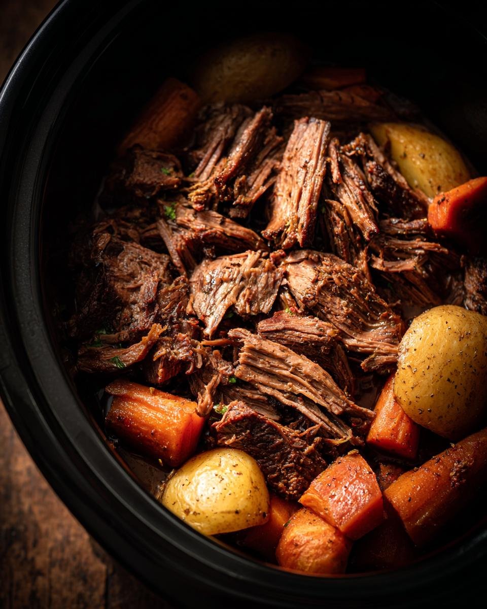 Close-up of shredded pot roast with carrots and potatoes in a black slow cooker, a perfect example of slow cooker recipes.