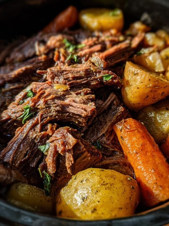 Close-up of a slow cooker recipe featuring tender pot roast with potatoes and carrots, garnished with herbs.