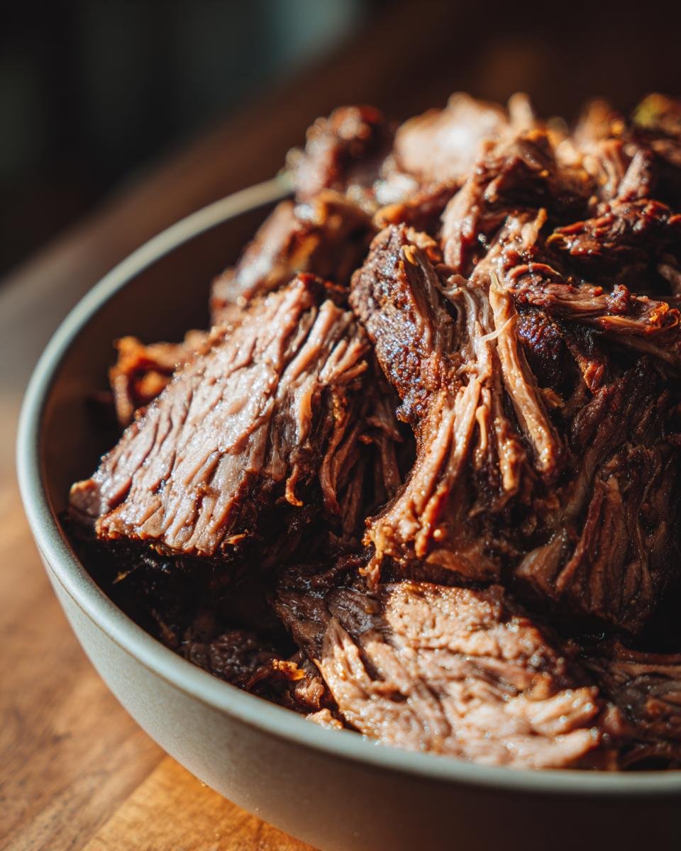 Close-up of shredded, tender pot roast in a bowl, perfect for slow cooker recipes.