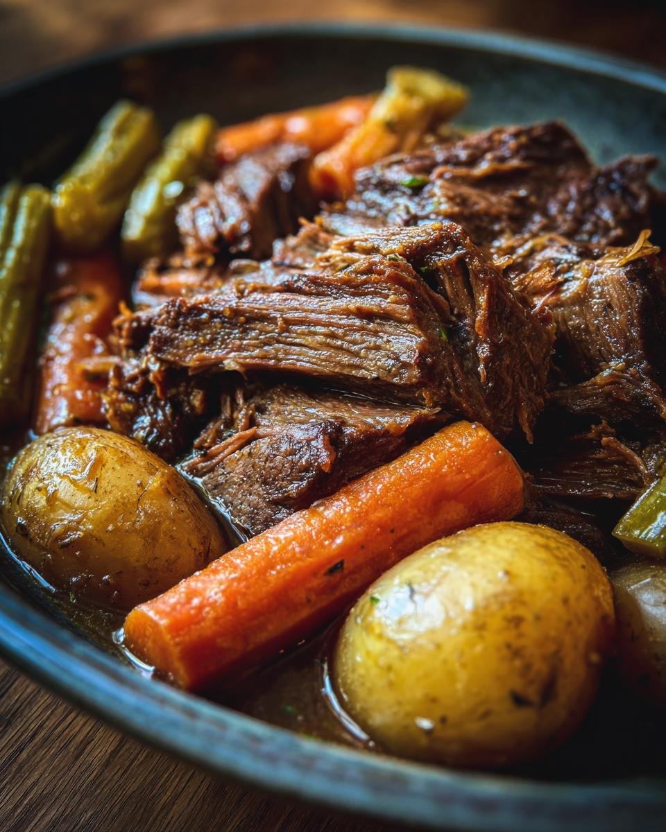 Close-up of a tender pot roast with carrots and potatoes, a perfect example of slow cooker recipes.