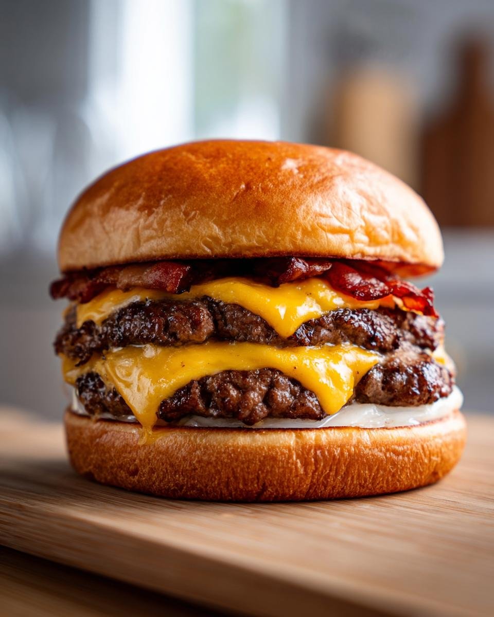 A delicious double smash burger recipe with melted cheese, crispy bacon, and a soft bun on a wooden board.