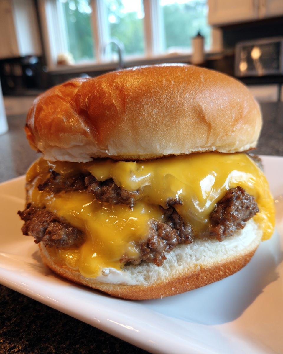 A juicy double smash burger recipe with melted cheddar cheese on a toasted bun, served on a white plate.