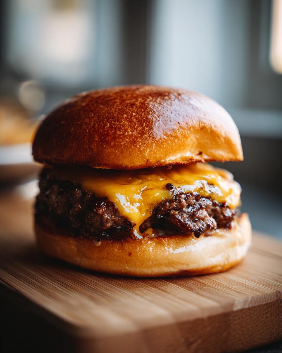 A juicy smash burger recipe with melted cheddar cheese on a toasted brioche bun, served on a wooden board.