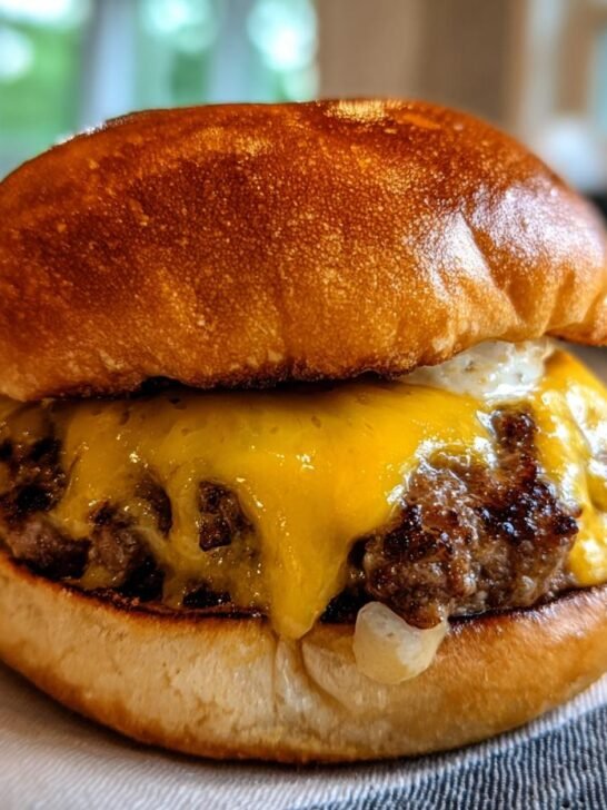 A close-up of a delicious smash burger recipe with melted cheese and a toasted bun.