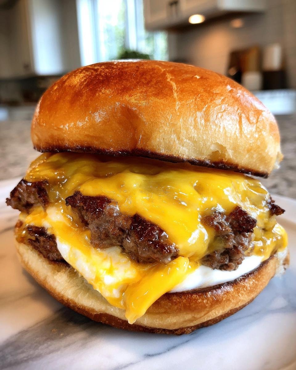 A close-up of a delicious smash burger recipe with two beef patties, melted cheese, and a fried egg on a toasted bun.