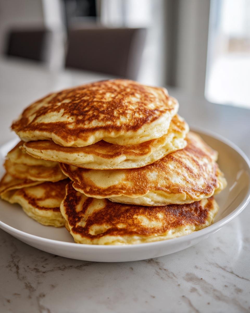 A tall stack of golden-brown sourdough discard pancakes on a white plate, showcasing their fluffy texture.