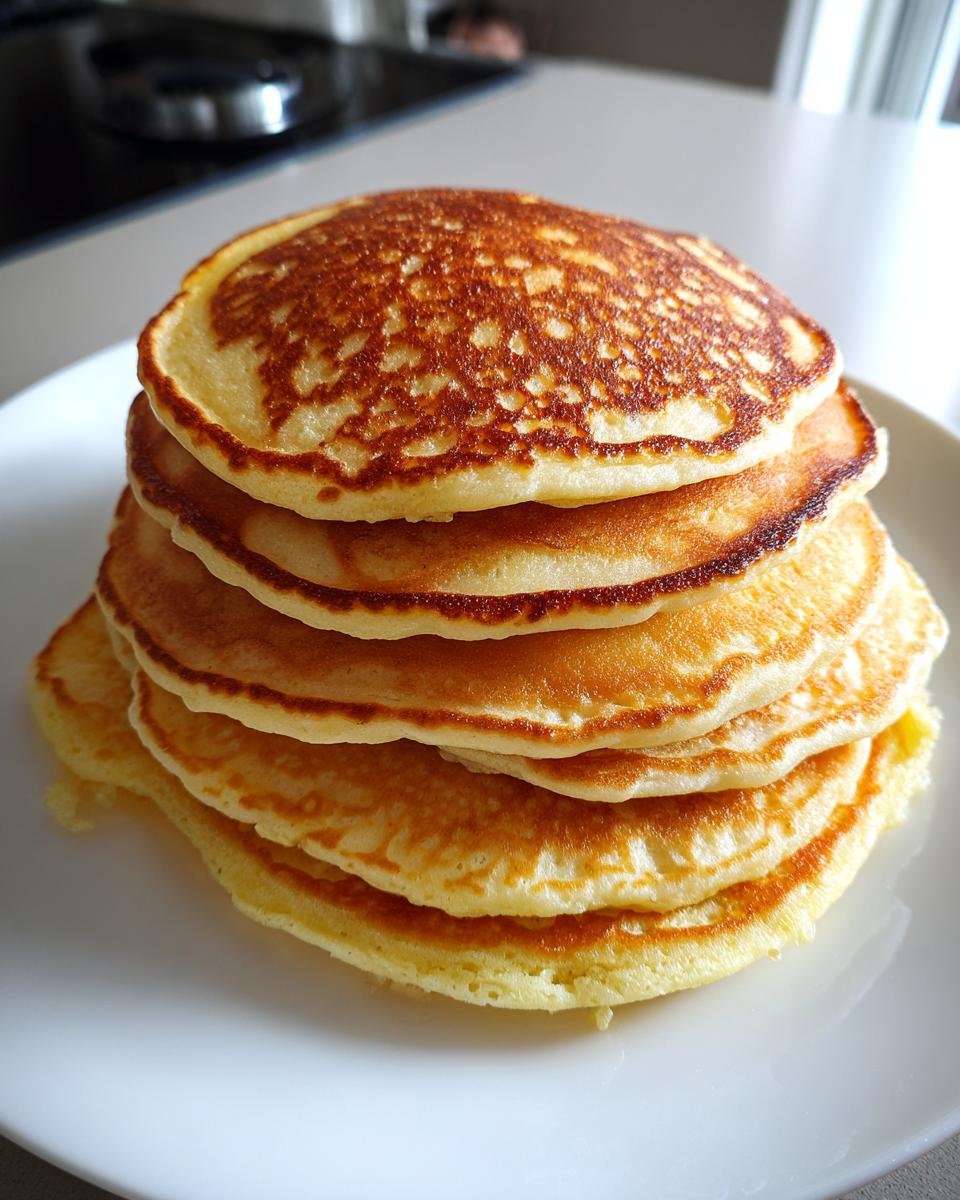 A tall stack of golden-brown sourdough discard pancakes on a white plate.