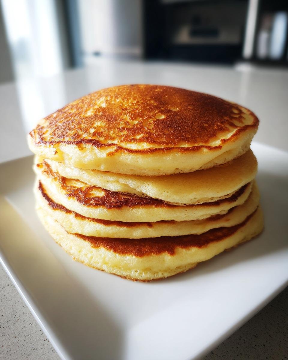 A tall stack of golden-brown sourdough discard pancakes on a white plate.