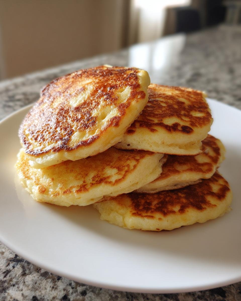 A stack of fluffy, golden-brown sourdough discard pancakes on a white plate.