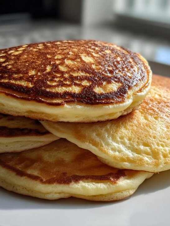 A stack of fluffy sourdough discard pancakes on a white plate, golden brown and perfectly cooked.