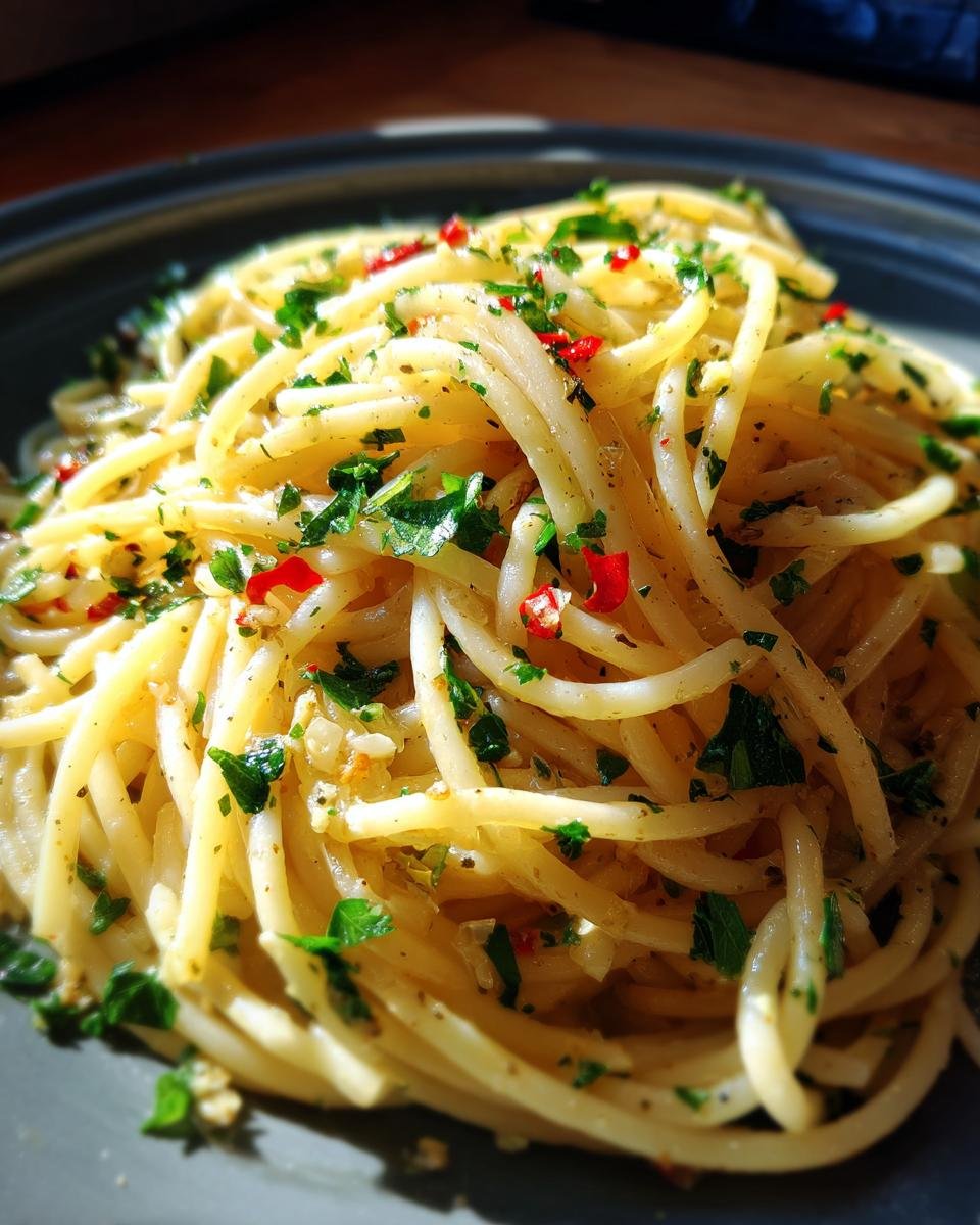 Close-up of spaghetti Aglio e Olio, a simple pasta recipe with garlic, chili flakes, and parsley.