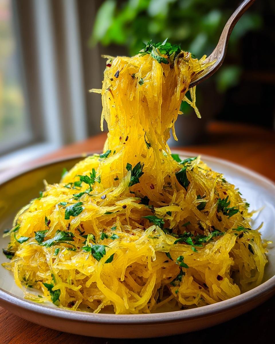 A fork lifting a portion of golden spaghetti squash noodles, seasoned with herbs and chili flakes, from a bowl.