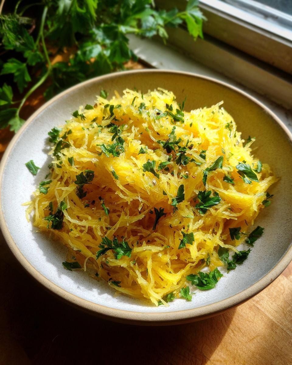 A bowl of cooked spaghetti squash, tossed with fresh parsley, a simple and healthy dish.