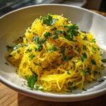 A close-up of a white bowl filled with bright yellow spaghetti squash strands, seasoned with herbs and spices.