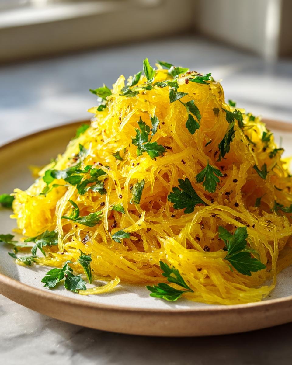 A close-up of a mound of spaghetti squash noodles, garnished with fresh parsley and spices.
