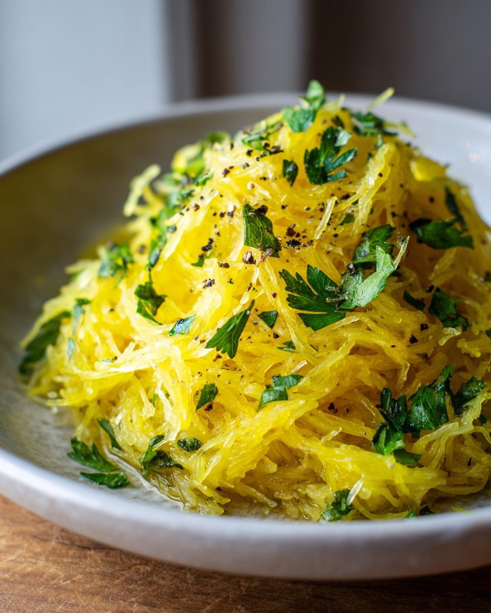 A close-up of a bowl filled with cooked spaghetti squash, seasoned with black pepper and fresh parsley.
