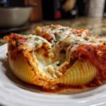 Close-up of a baked stuffed shells recipe dish, with melted cheese and marinara sauce, garnished with parsley.