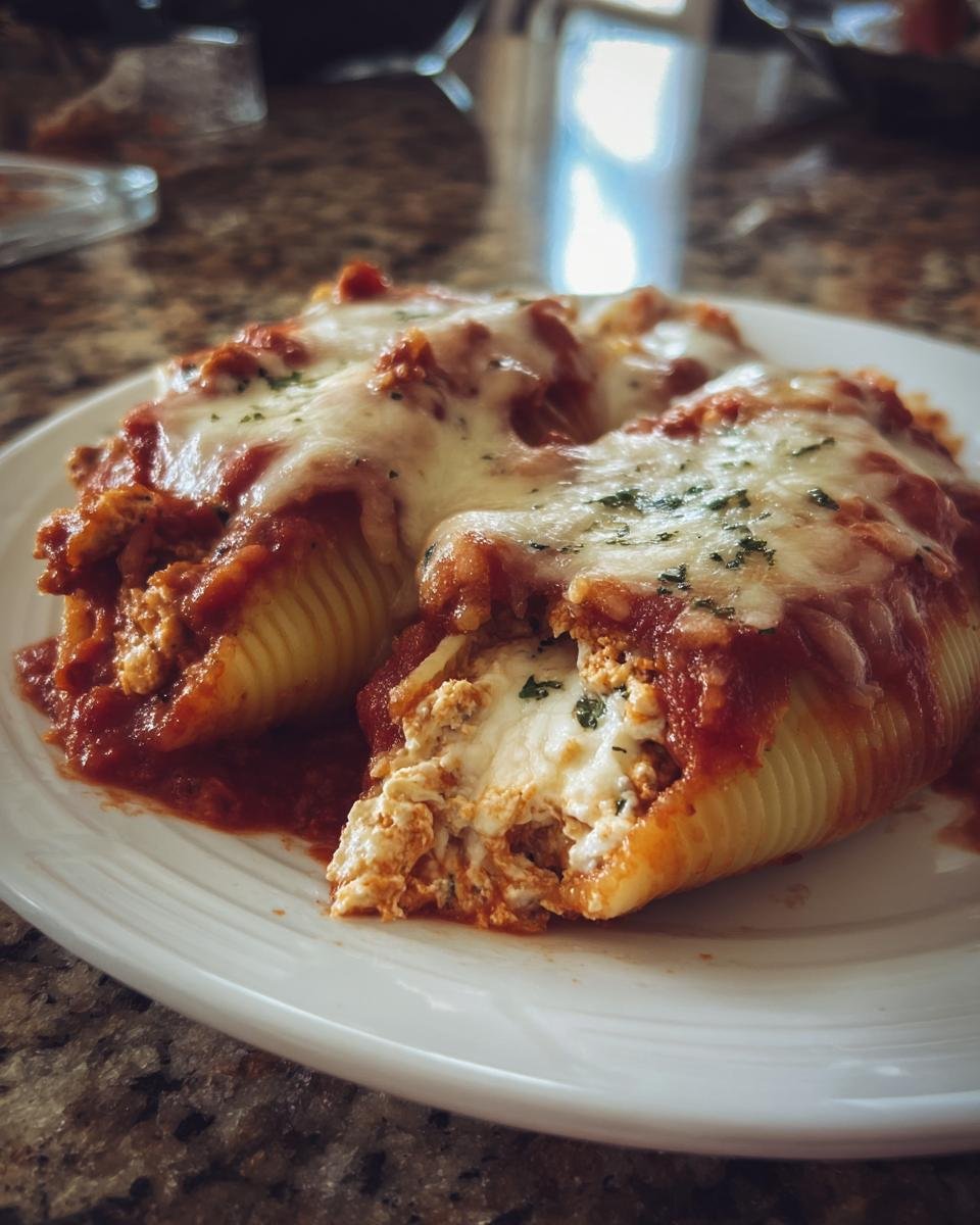 Close-up of a plate with two cheesy stuffed shells recipe, covered in marinara sauce and topped with parsley.
