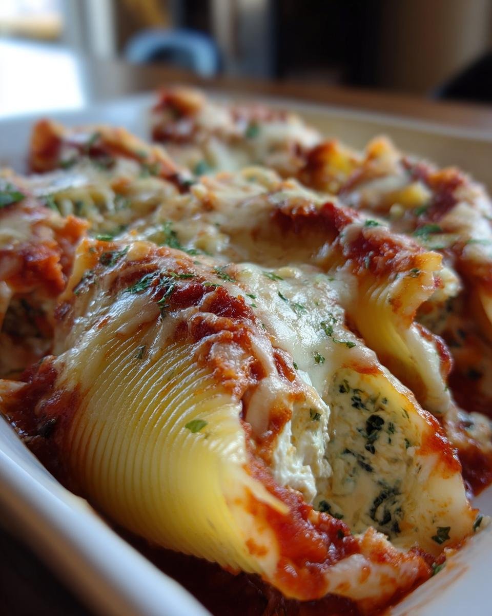 Close-up of a baked stuffed shells recipe dish, showing jumbo pasta shells filled with creamy ricotta and spinach, topped with marinara sauce and melted cheese.