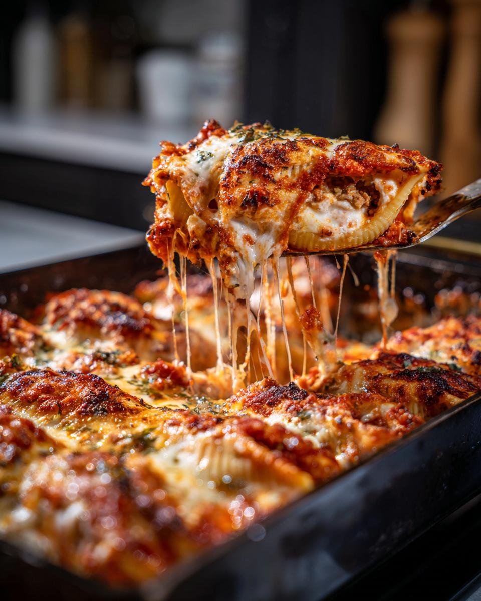 A serving utensil lifts a cheesy stuffed shell from a baking dish, showing melted cheese strings.