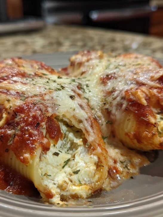 Close-up of a plate with two cheesy stuffed shells, covered in marinara sauce and herbs.