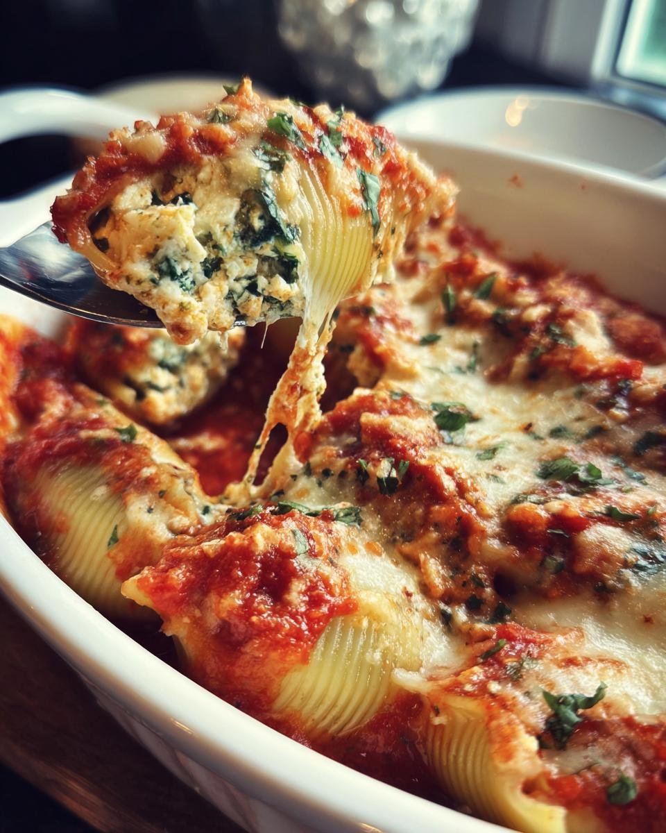 A fork lifting a cheesy stuffed shell, revealing a creamy spinach filling, from a baking dish.