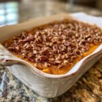 A close-up of a baked sweet potato casserole recipe topped generously with chopped pecans.