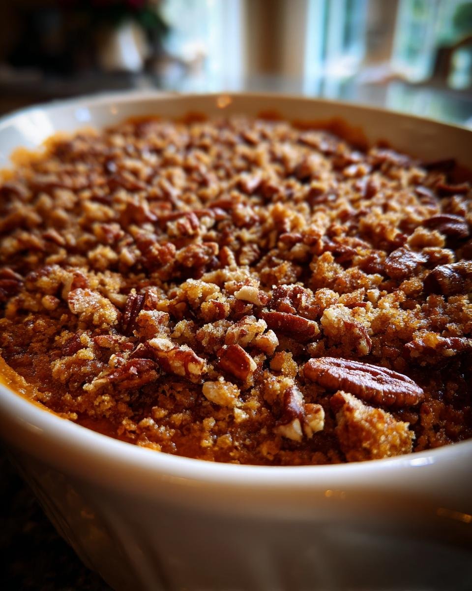 Close-up of a delicious sweet potato casserole recipe topped with crunchy pecans and a crumble.
