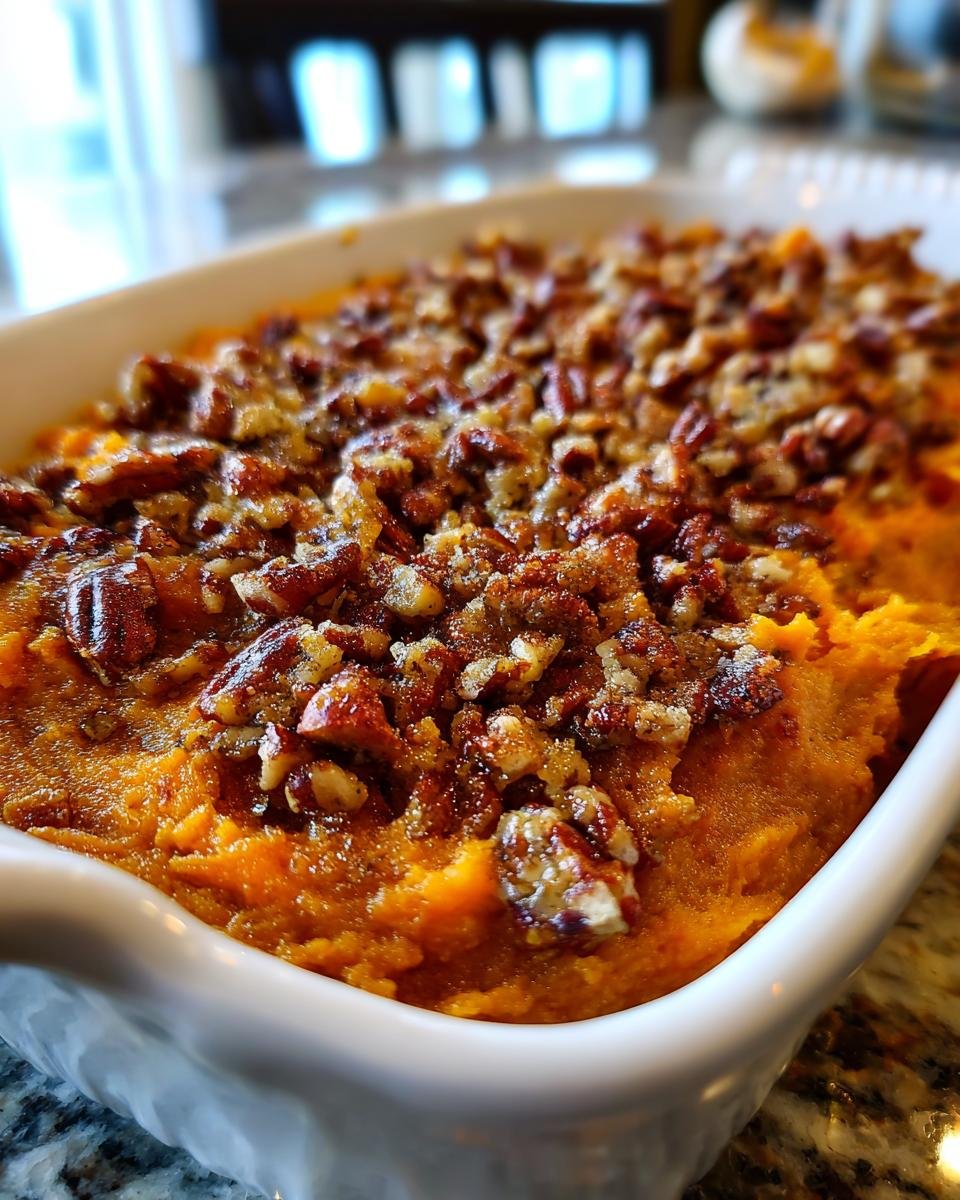 Close-up of a delicious sweet potato casserole recipe topped with crunchy pecans.