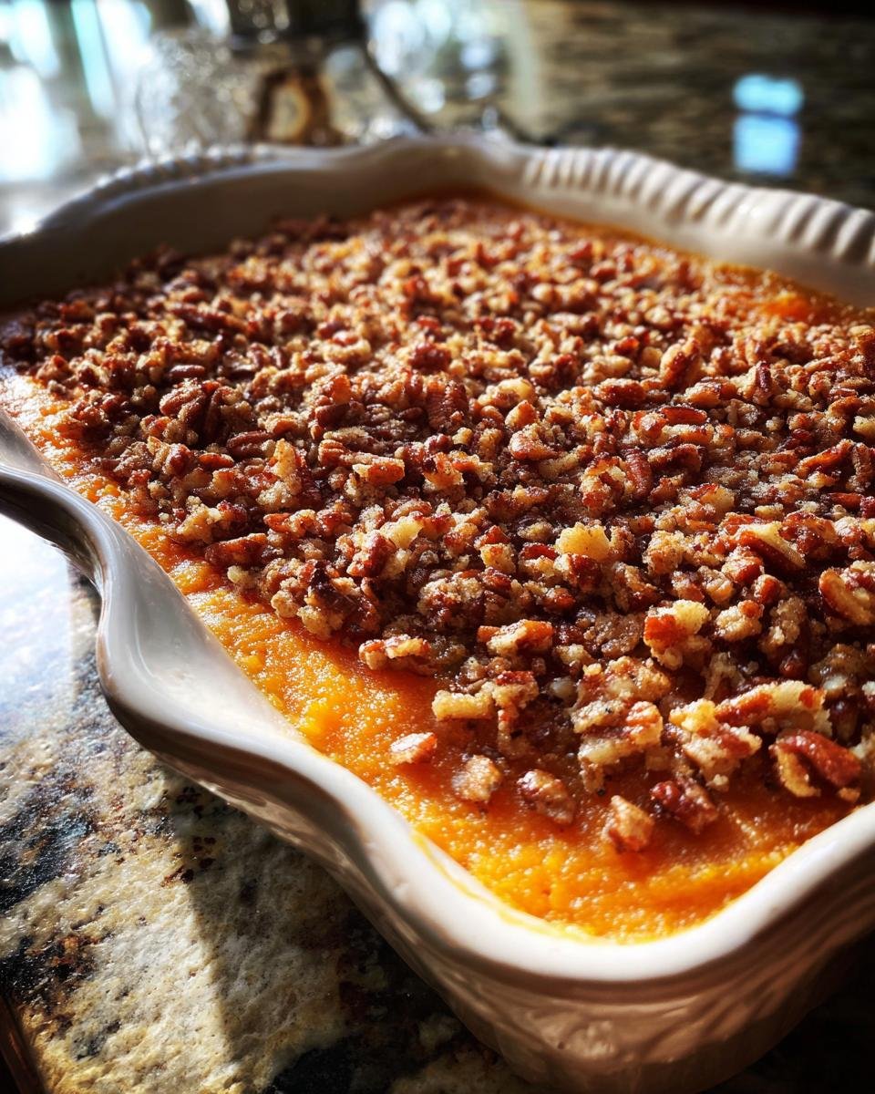Close-up of a freshly baked sweet potato casserole recipe topped with crunchy pecans.
