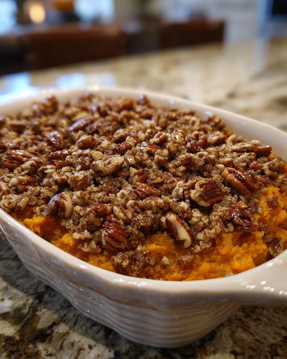 Close-up of a sweet potato casserole recipe with a crunchy pecan and brown sugar topping in a white baking dish.