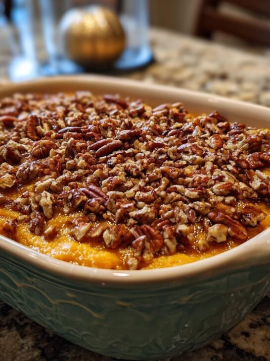 A close-up of a freshly baked sweet potato casserole recipe topped with crunchy pecans.