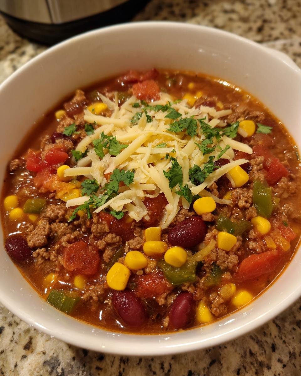 A close-up of a bowl filled with a hearty taco soup recipe, topped with shredded cheese and cilantro.