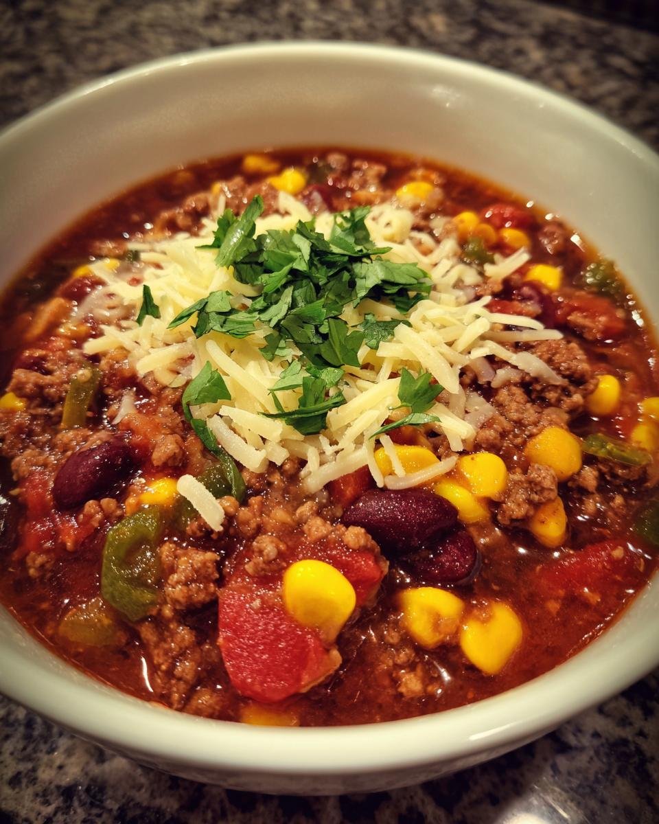 A close-up of a steaming bowl of taco soup recipe, topped with shredded cheese and fresh parsley.