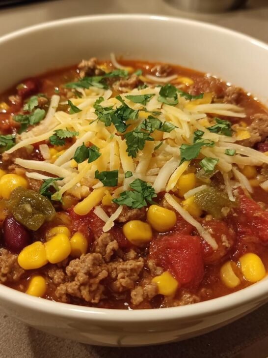 A close-up of a white bowl filled with a hearty taco soup recipe, topped with shredded cheese and cilantro.
