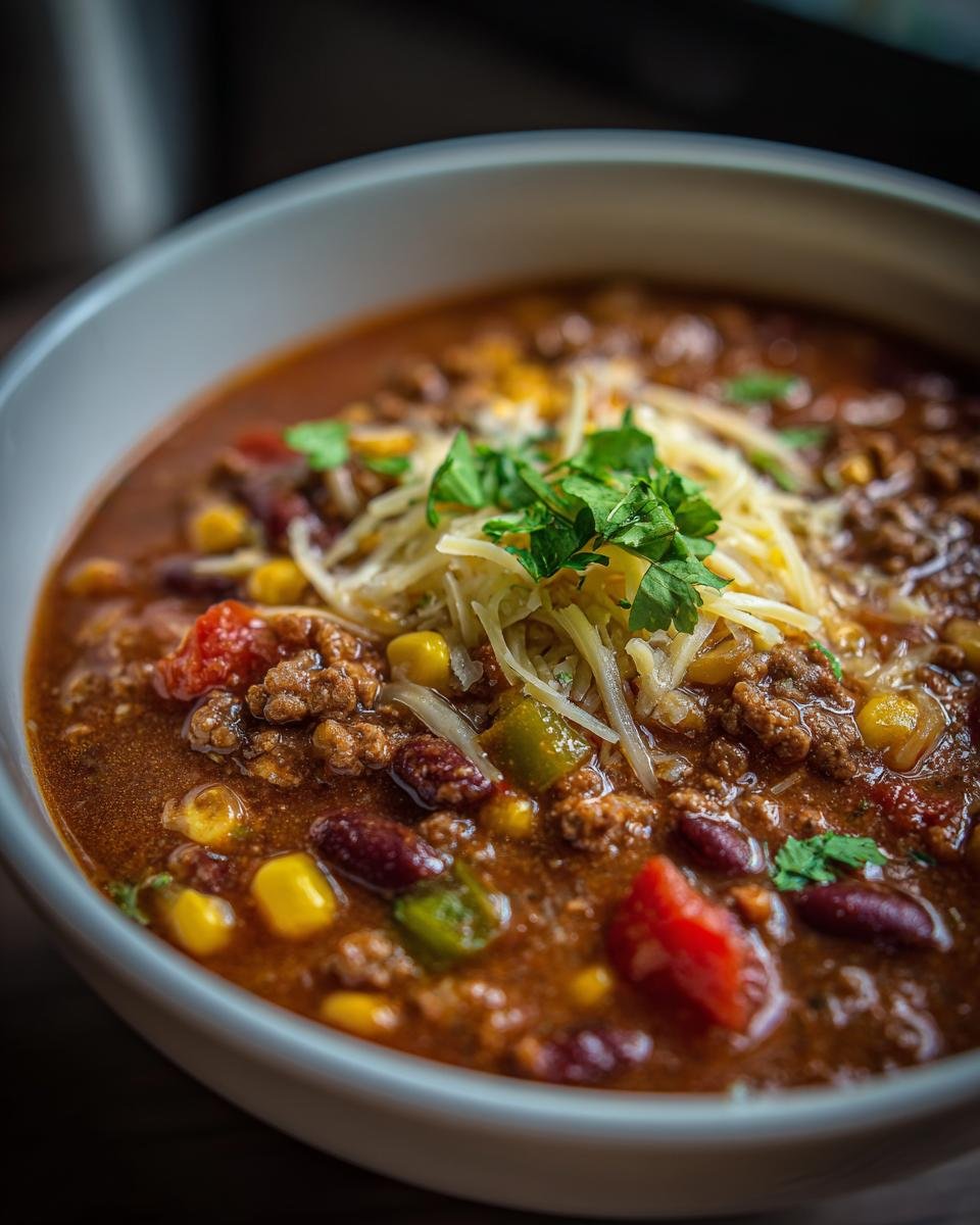 A close-up of a bowl filled with delicious taco soup recipe, topped with shredded cheese and fresh cilantro.
