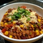 A close-up of a bowl filled with a hearty taco soup recipe, topped with shredded cheese and fresh cilantro.