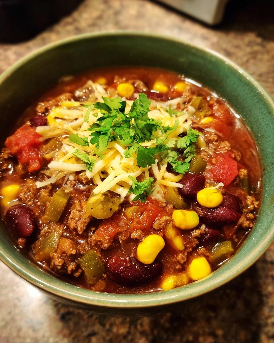 A close-up of a bowl of delicious taco soup recipe, topped with shredded cheese and fresh cilantro.