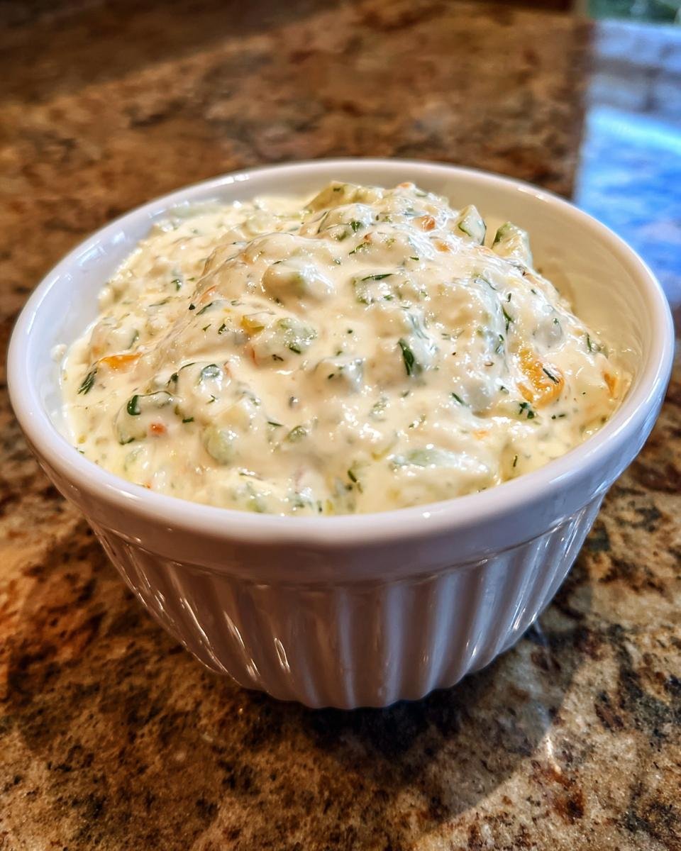 Close-up of a white ramekin filled with creamy homemade tartar sauce recipe, showing visible chopped pickles, herbs, and seasoning.