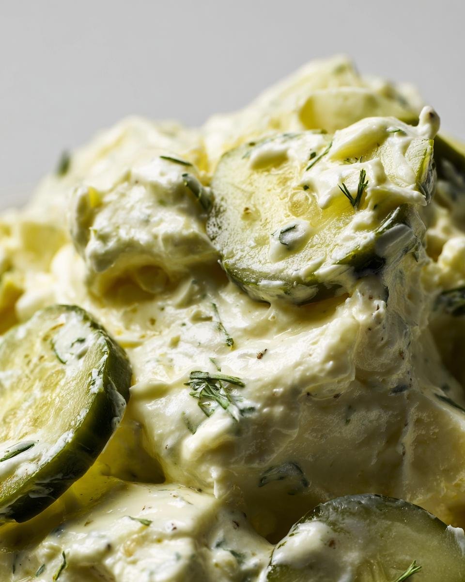 Close-up of a creamy tartar sauce recipe with visible chopped pickles and dill.