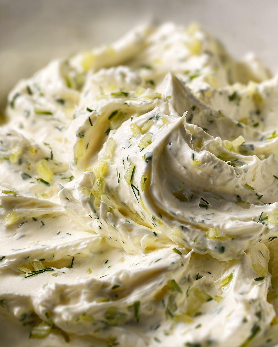 Close-up of creamy tartar sauce recipe with visible dill and chopped pickles.