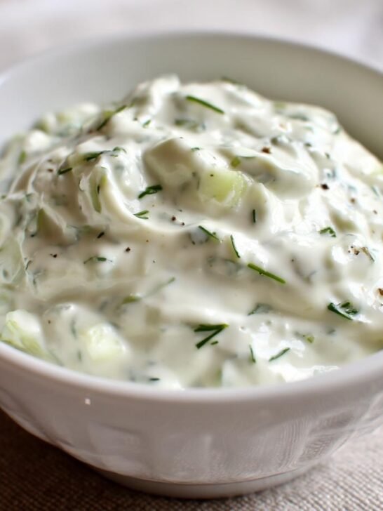 A bowl of creamy homemade tartar sauce recipe with chopped dill pickles and fresh herbs.