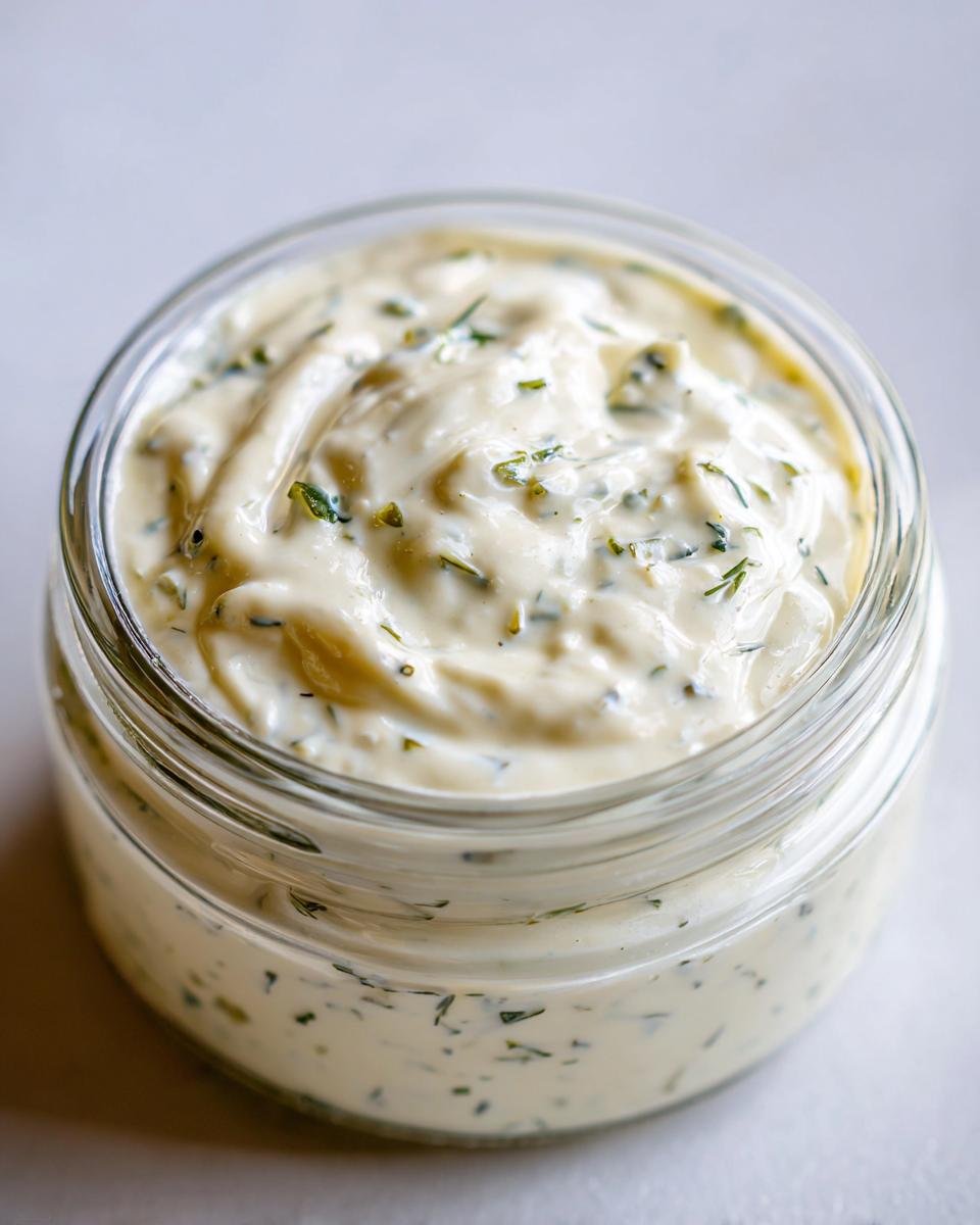 Close-up of a glass jar filled with creamy homemade tartar sauce recipe, with visible herbs.