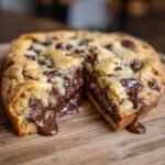 A decadent chocolate chip cookie cake, sliced to reveal gooey, melted chocolate oozing out.
