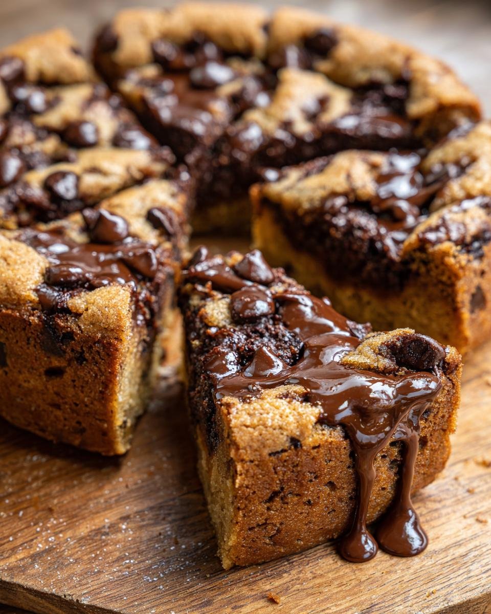A decadent slice of Ultimate Chocolate Chip Cookie Cake, with melted chocolate dripping down the side.