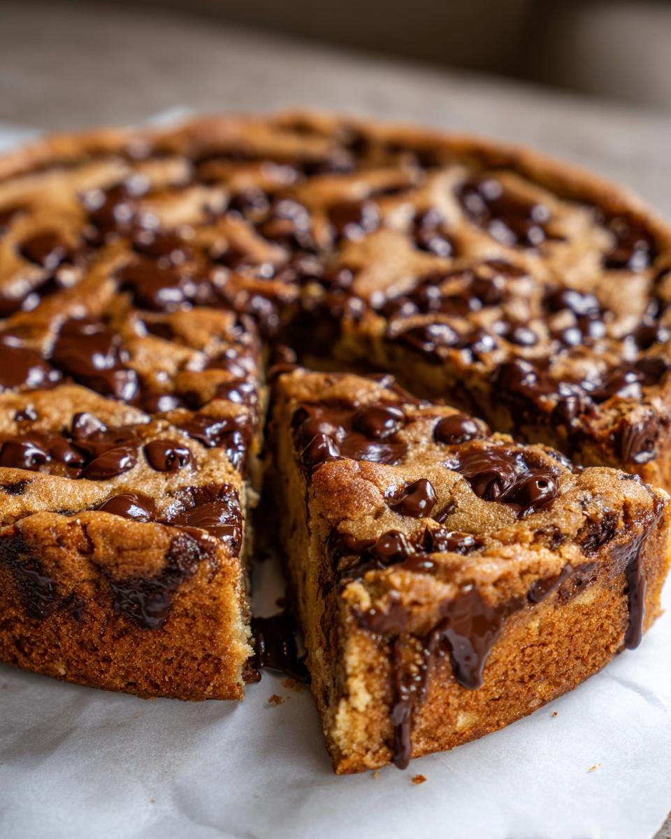 A slice of the ultimate chocolate chip cookie cake, with melted chocolate chips and gooey chocolate drips.
