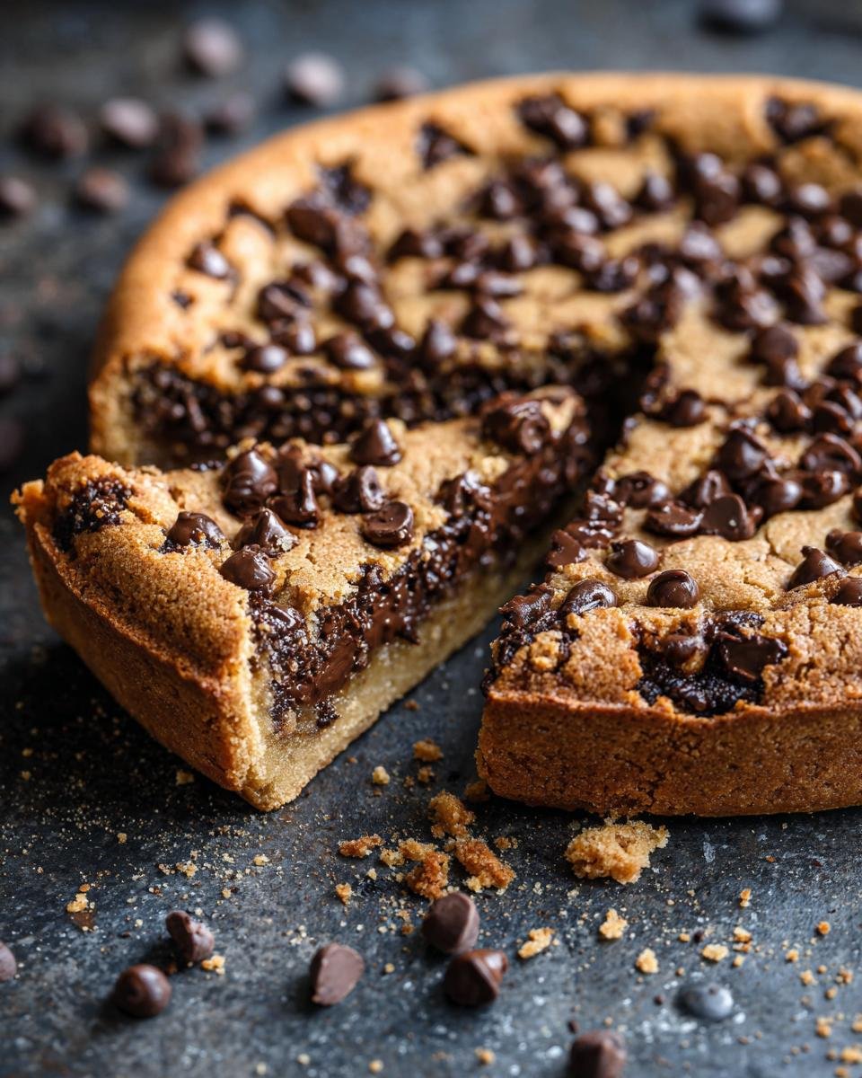 A slice of the ultimate chocolate chip cookie cake, showcasing a thick, gooey center and abundant chocolate chips.