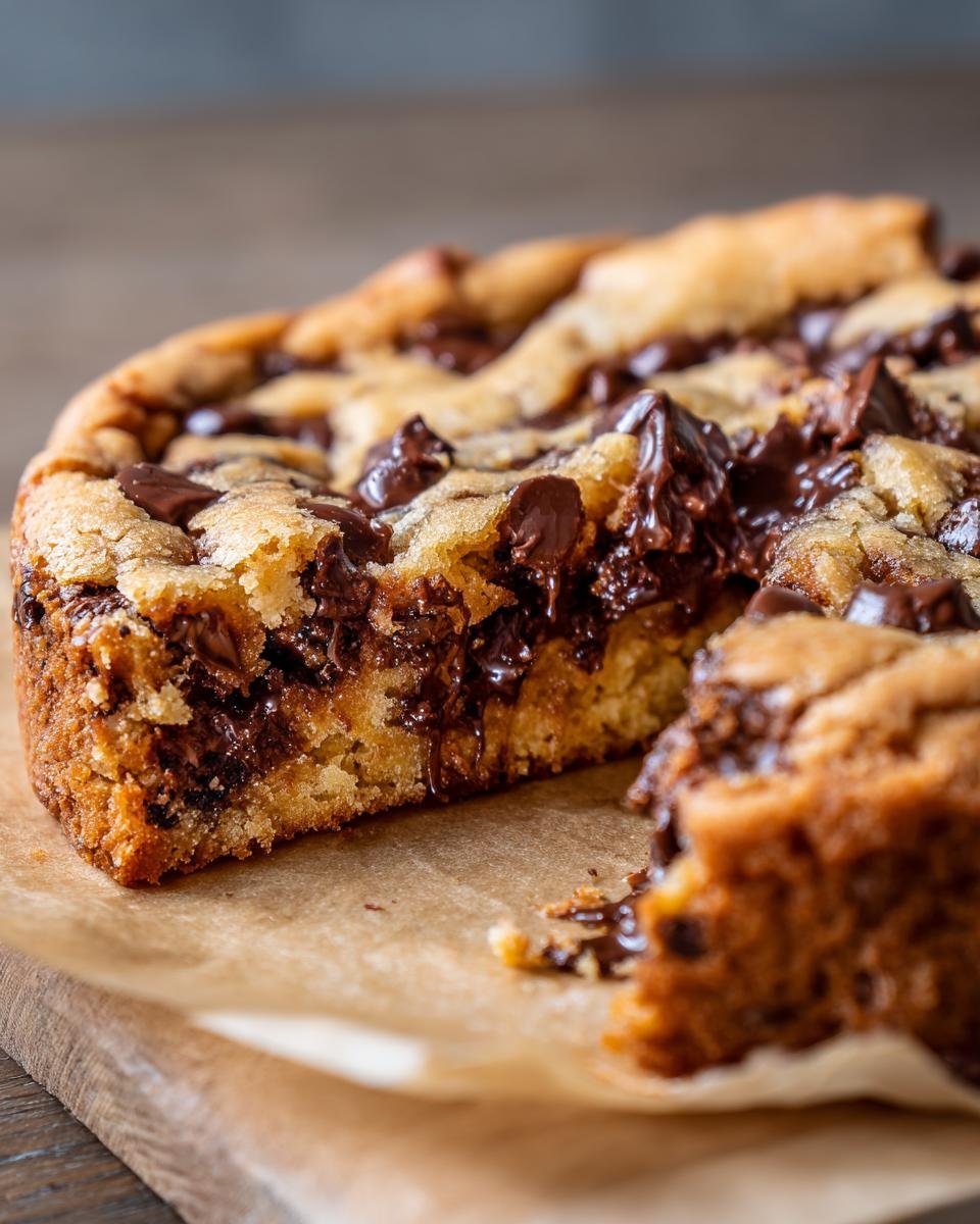 A decadent slice of the ultimate chocolate chip cookie cake, showcasing gooey melted chocolate chips.