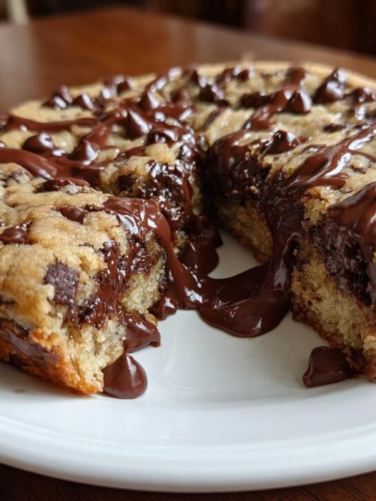 A decadent slice of the ultimate chocolate chip cookie cake, oozing with melted chocolate.