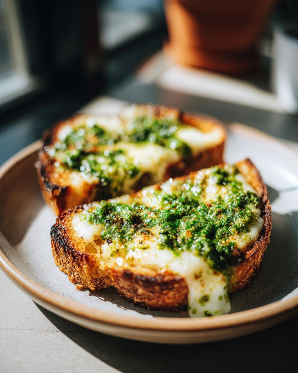 Two halves of an Ultimate Pesto Grilled Cheese sandwich, with melted cheese and vibrant green pesto on toasted bread.